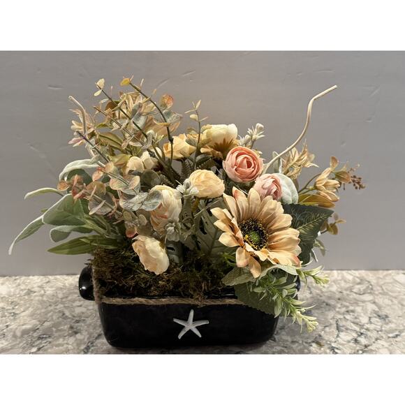 Spring Silk Floral Arrangement Black Ceramic Vase Nautical Decor - Picture 2 of 7